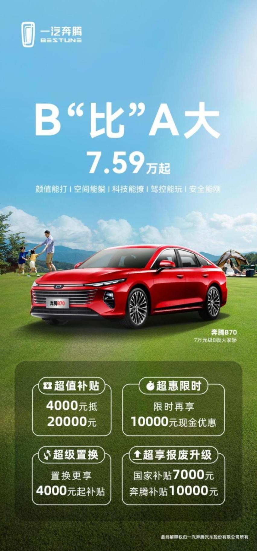 7.59万起 a级车的价格买b级车?奔腾b70超划算!